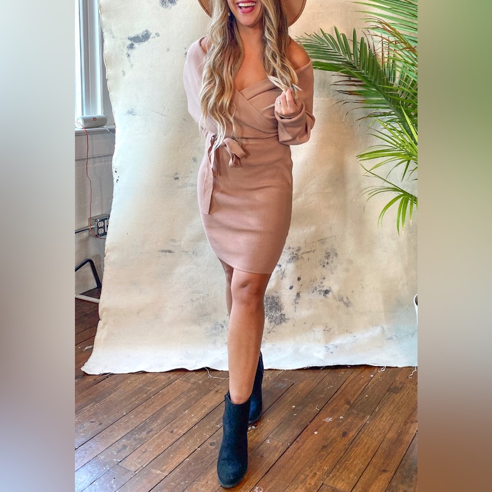 Nude off the shoulder fitted sweater dress. Like New.